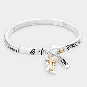 • Serenity Prayer Cross Ichthus Charm Metal Message Stretch Bracelet
